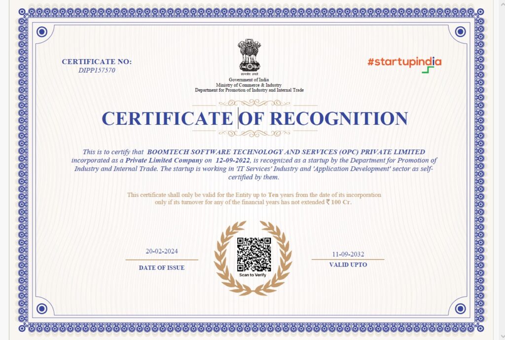 boomtech start up certificate